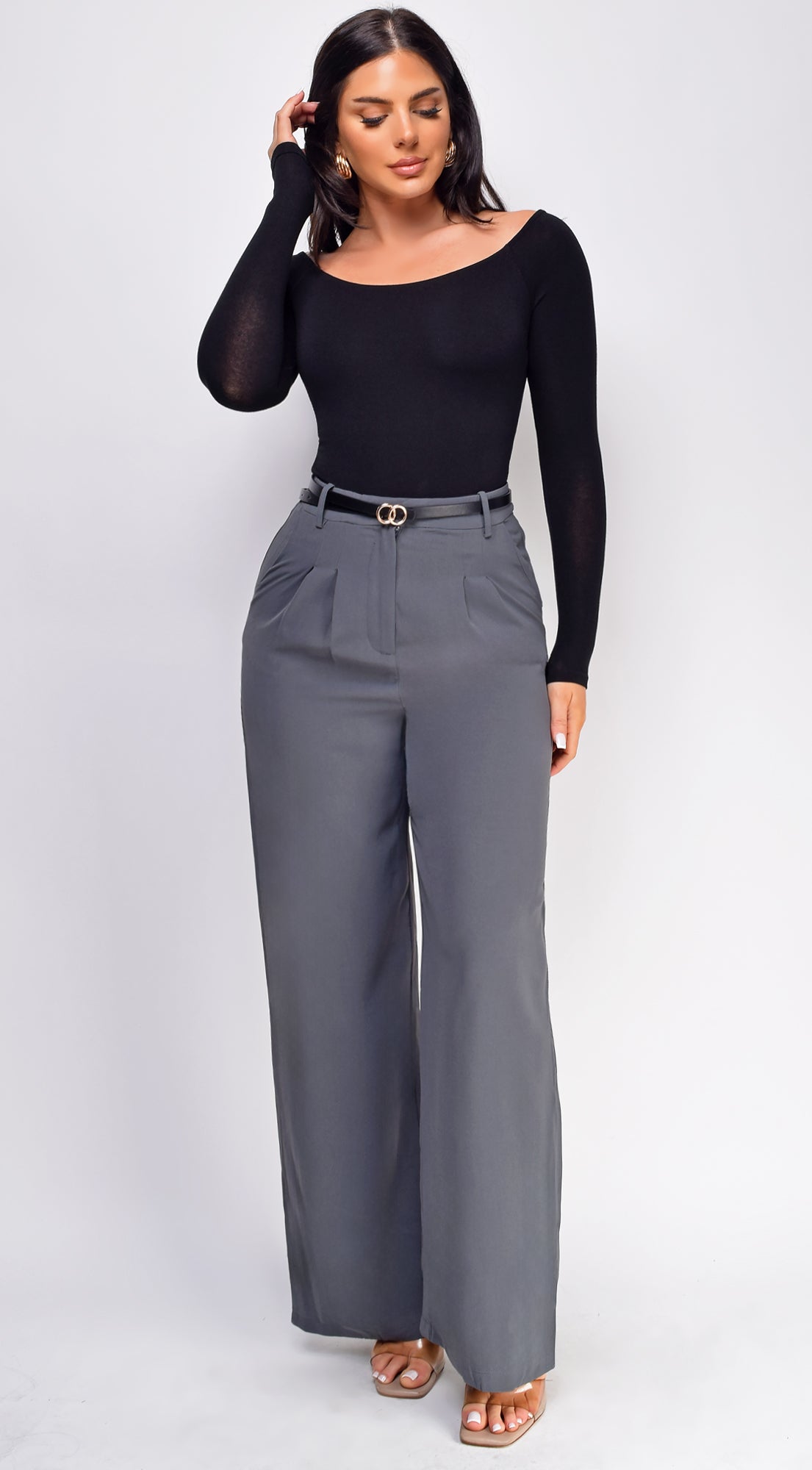 Gemini Gray Twill Darted Wide Leg Pants