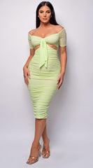 Oliviana Light Green Mesh Off Shoulder Midi Dress