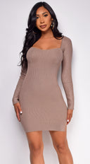 Arsenie Long sleeve Sweater Ribbed Side Slit Mini Dress in Brown close-up of ribbed knit texture