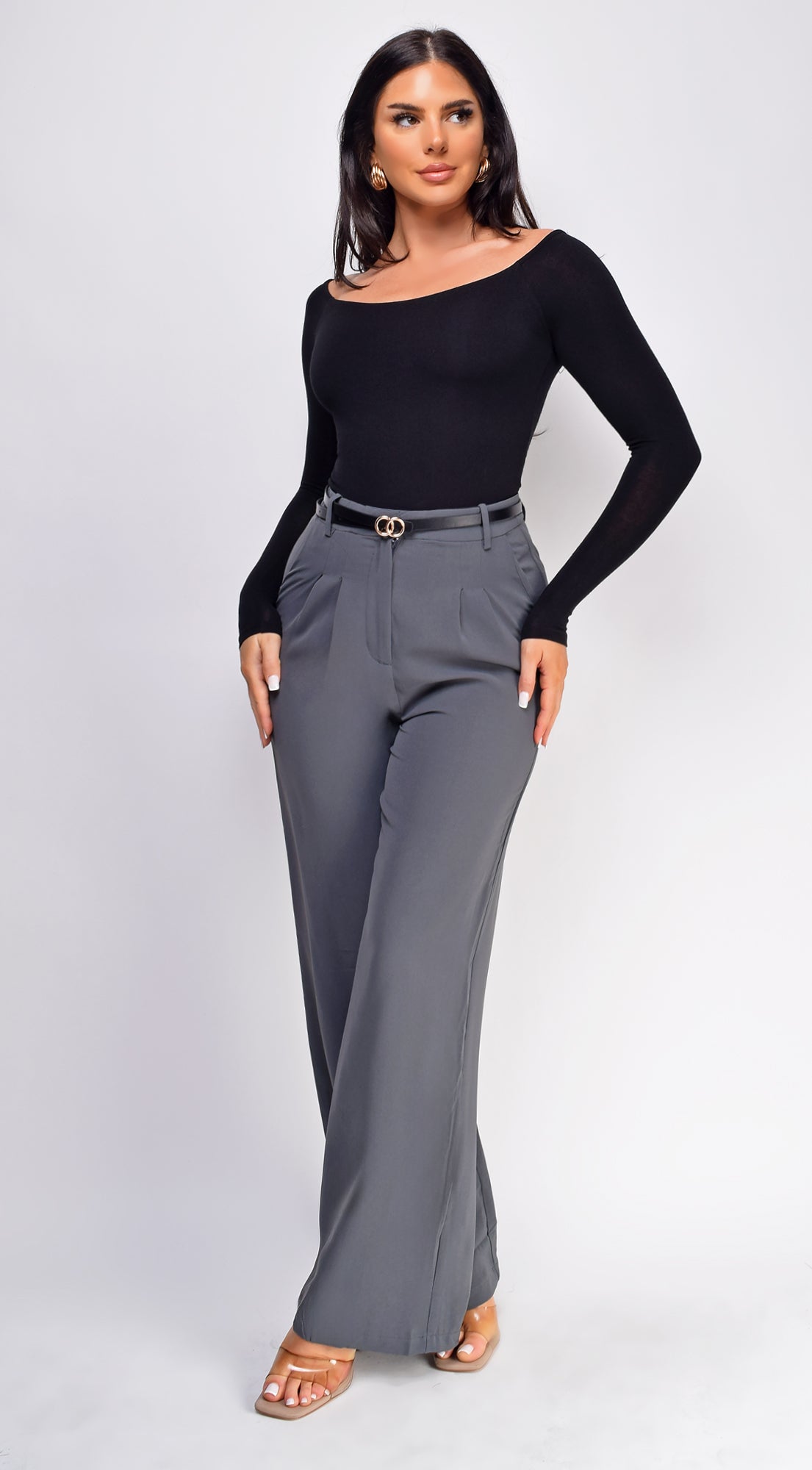 Gemini Gray Twill Darted Wide Leg Pants