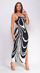Thalia Black White Swirl Pattern Maxi Dress
