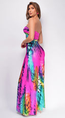 Sayla Pink Multi Color Print Strapless Jumpsuit side profile view on model