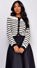 Eliana Stripe Button Down Cardigan in Ivory full length front view on model