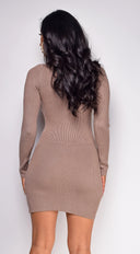 Arsenie Long sleeve Sweater Ribbed Side Slit Mini Dress in Brown side profile view on model