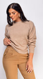 Jemmi Taupe Beige Pleated Detail Sweater Top