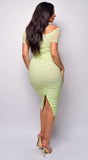 Oliviana Light Green Mesh Off Shoulder Midi Dress