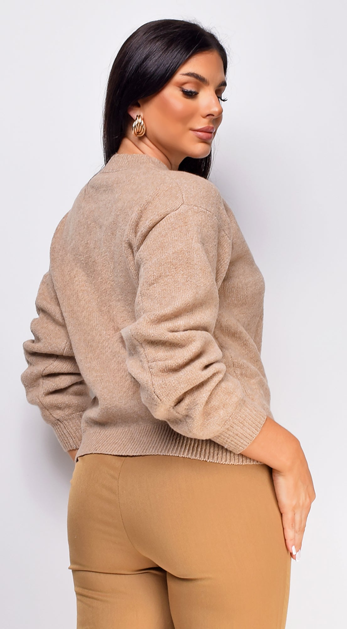 Jemmi Taupe Beige Pleated Detail Sweater Top