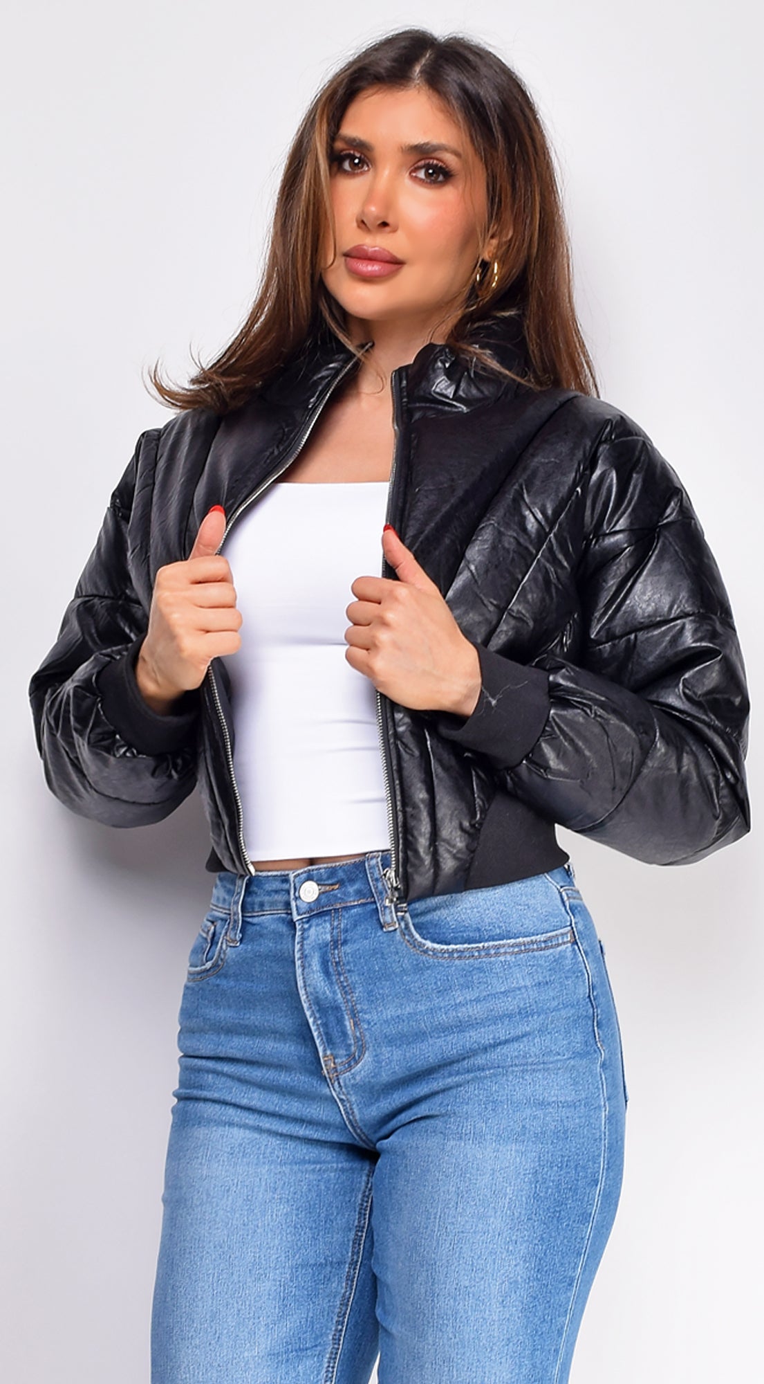 Imaria Black PU Leather Bubble Cropped Puffer Jacket