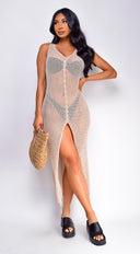 Lianna Crochet Button Down Cover Up Dress in Beige side profile view on model