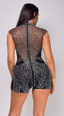 Gem Black Rhinestone Romper close-up of rhinestone accents