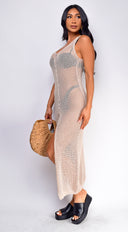 Lianna Crochet Button Down Cover Up Dress in Beige styled outfit flat lay