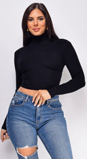 Delaney Black Ribbed Turtle Neck Crop Top close-up of ribbed knit texture