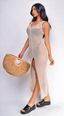 Lianna Crochet Button Down Cover Up Dress in Beige hemline and silhouette detail