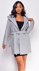 Aydin Gray Hoodie Tie Waist Coat full length front view on model