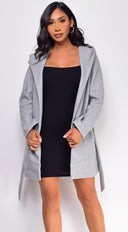 Aydin Gray Hoodie Tie Waist Coat styled outfit flat lay