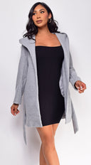 Aydin Gray Hoodie Tie Waist Coat side profile view on model
