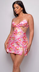 Let's Run Away Pink Abstract Print Satin Dress