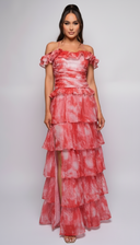 Lavera Red Tie Dye Ruffle Side Slit Maxi Dress