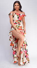 Eivissa Floral Off Shoulder Ruffle Tier Maxi Dress - Ivory