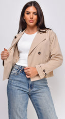 Iana Cropped Trench Jacket in Beige full length front view on model