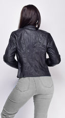 Sona Black Classic Faux Leather Jacket close-up of faux leather finish