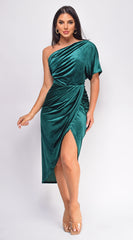 Velda Green One Shoulder Velvet Midi Dress