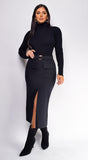 Canei Black Pocket Front Slit Midi Skirt