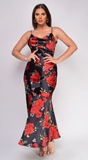Isabel Black Red Floral Print Satin Cowl Neck Maxi Dress