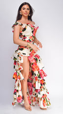 Eivissa Floral Off Shoulder Ruffle Tier Maxi Dress - Ivory
