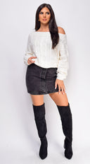 Iliana White Off Shoulder Braid Cable Knit Sweater Top hemline and silhouette detail