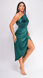 Velda Green One Shoulder Velvet Midi Dress