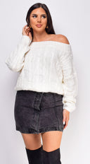 Iliana White Off Shoulder Braid Cable Knit Sweater Top styled outfit flat lay
