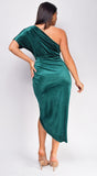 Velda Green One Shoulder Velvet Midi Dress
