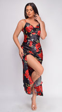 Isabel Black Red Floral Print Satin Cowl Neck Maxi Dress