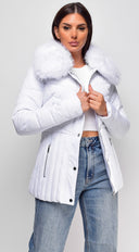 Veda Puffer Coat in White side profile view on model