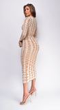 Idalia Beige Abstract Long Sleeve Maxi Dress