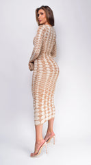 Idalia Beige Abstract Long Sleeve Maxi Dress