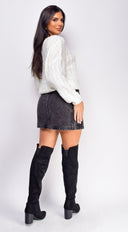 Iliana White Off Shoulder Braid Cable Knit Sweater Top side profile view on model