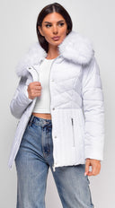 Veda Puffer Coat in White styled outfit flat lay