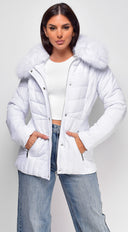 Veda Puffer Coat in White back view on model