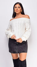 Iliana White Off Shoulder Braid Cable Knit Sweater Top close-up of ribbed knit texture
