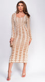Idalia Beige Abstract Long Sleeve Maxi Dress