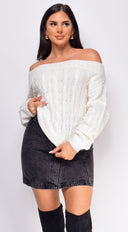 Iliana White Off Shoulder Braid Cable Knit Sweater Top full length front view on model