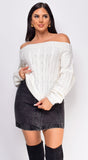 Iliana White Off Shoulder Braid Cable Knit Sweater Top