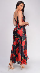 Isabel Black Red Floral Print Satin Cowl Neck Maxi Dress