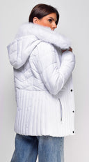 Veda Puffer Coat in White close-up of fabric and construction