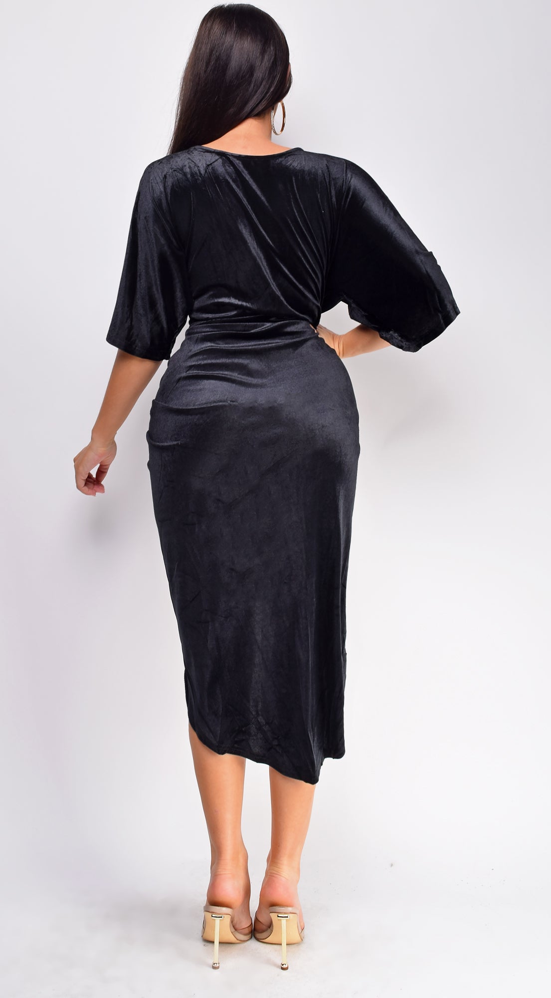 Arella Black V Neck Velvet Midi Dress