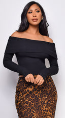 Agata Off Shoulder Sweater Top in Black styled outfit flat lay
