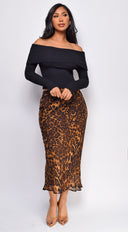 Zofia Leopard Print Midi Skirt in Brown styled outfit flat lay