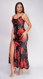 Isabel Black Red Floral Print Satin Cowl Neck Maxi Dress